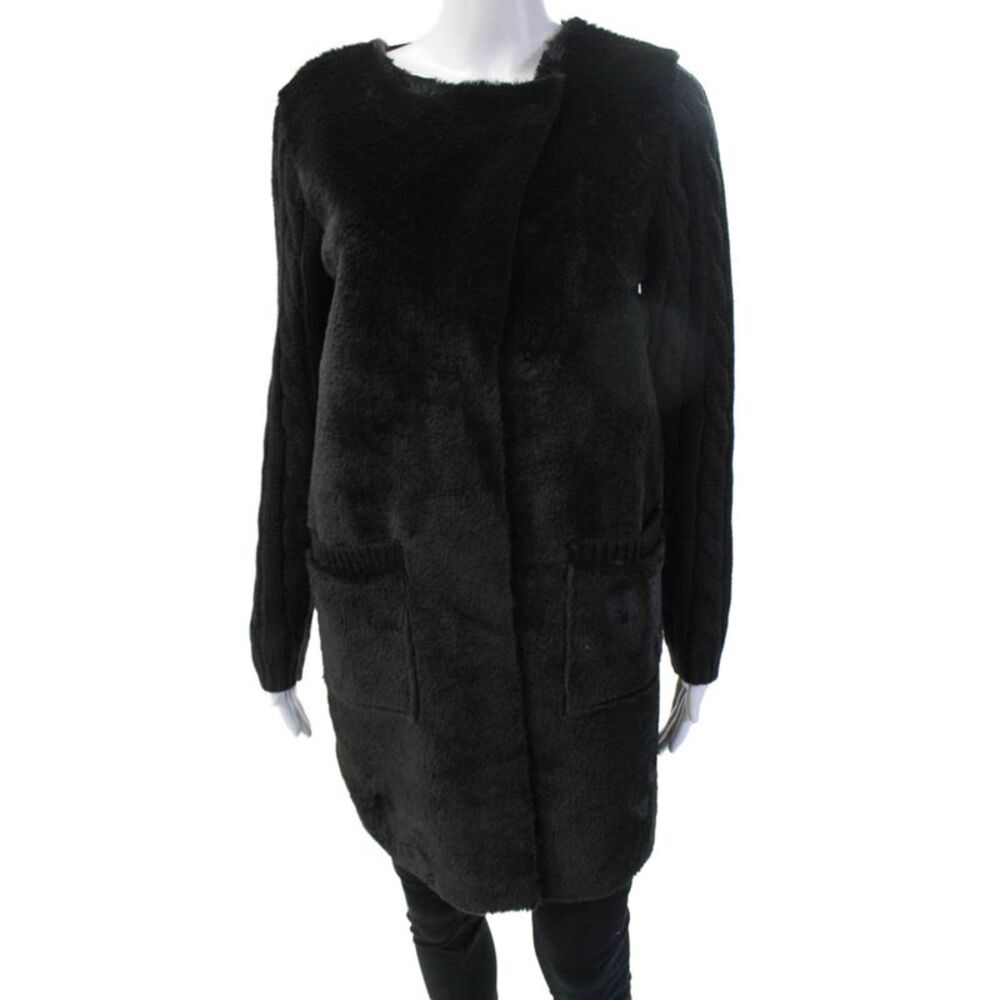 Marina V Women Black Solid Round Neck Long Sleeve Coatigan Size M